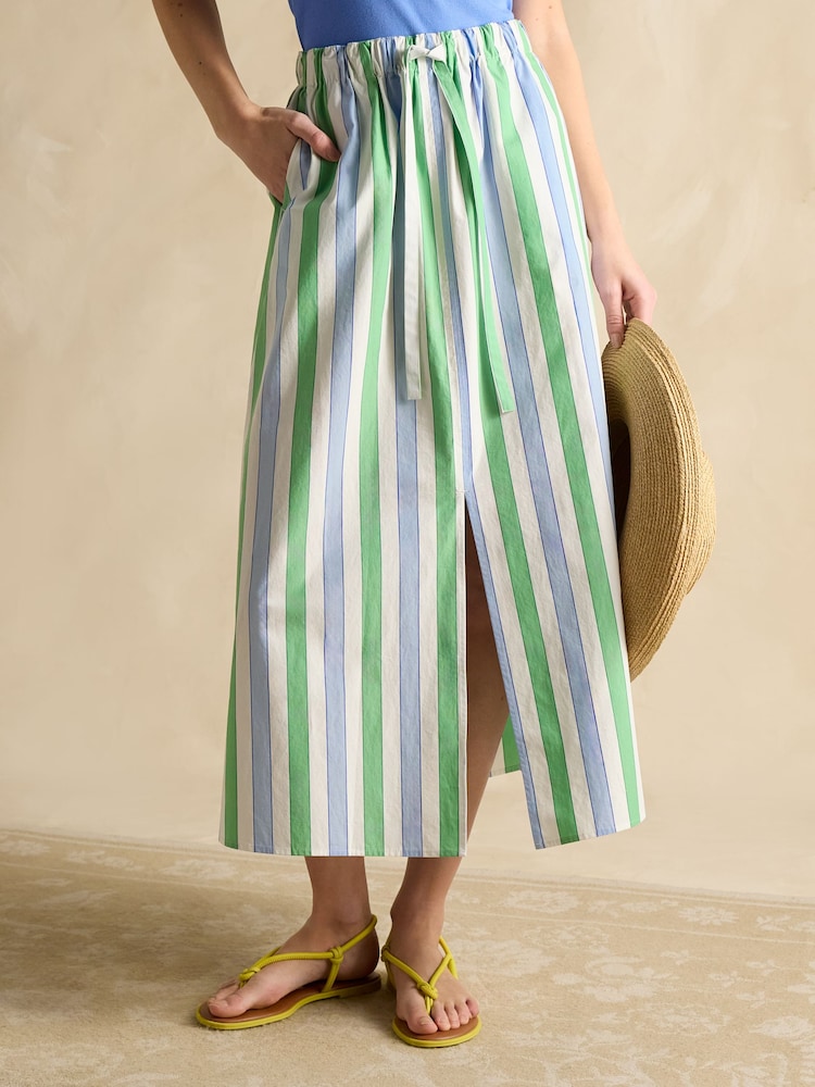 Joules Blue/Green Stripe Cotton Poplin Midi Skirt - Image 2 of 8