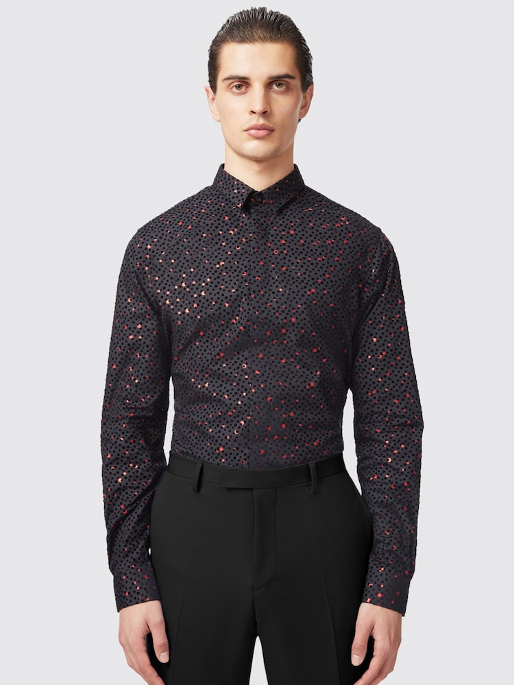 Twisted Tailor Black/Red Slim Fit Farrow 100% Cotton Shirt With Black and Red Spot Print - Image 1 of 3