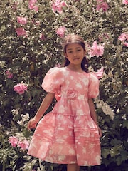 Laura Ashley Bright Pink Winter Rose Floral Organza Pintuck Prom Dress - Image 1 of 16