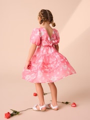 Laura Ashley Bright Pink Winter Rose Floral Organza Pintuck Prom Dress - Image 10 of 16