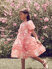 Laura Ashley Bright Pink Winter Rose Floral Organza Pintuck Prom Dress - Image 3 of 16