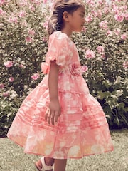 Laura Ashley Bright Pink Winter Rose Floral Organza Pintuck Prom Dress - Image 5 of 16