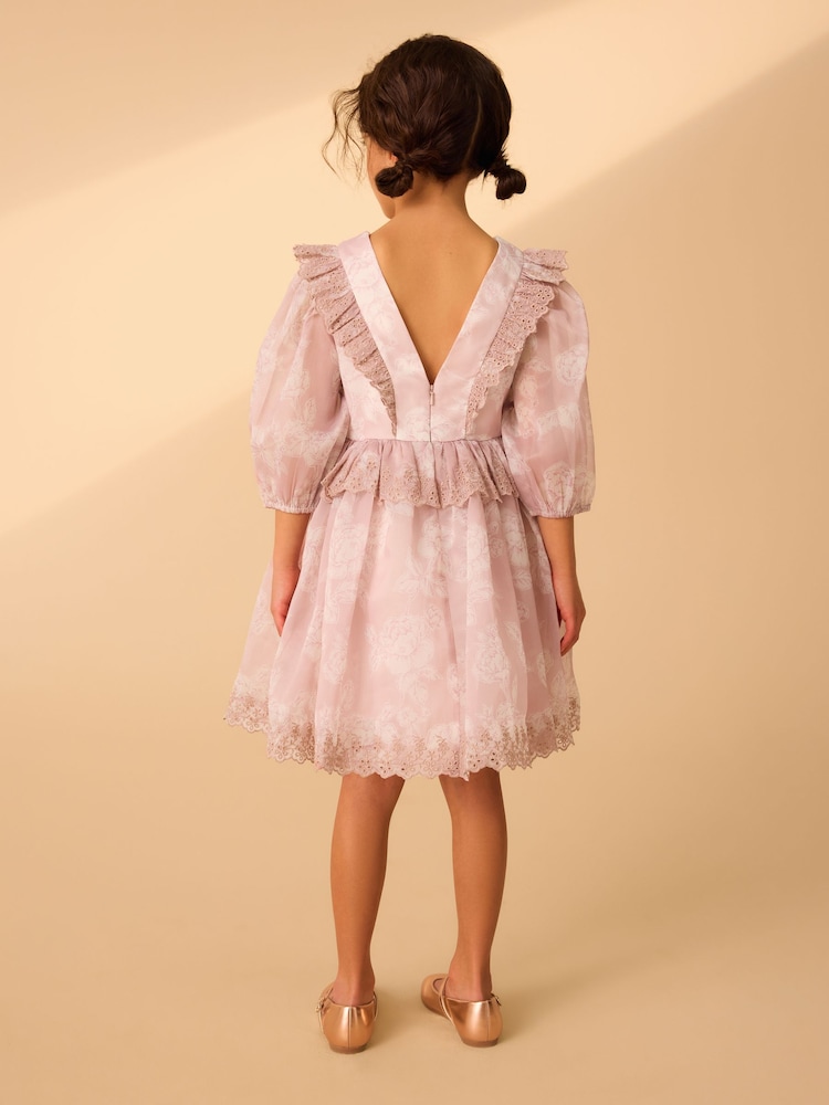 Laura Ashley Pink Summer Rose Floral Broderie Organza Prom Dress - Image 2 of 8