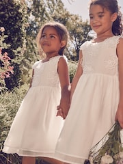 Laura Ashley Ecru White Flower Organza Dress - Image 4 of 9