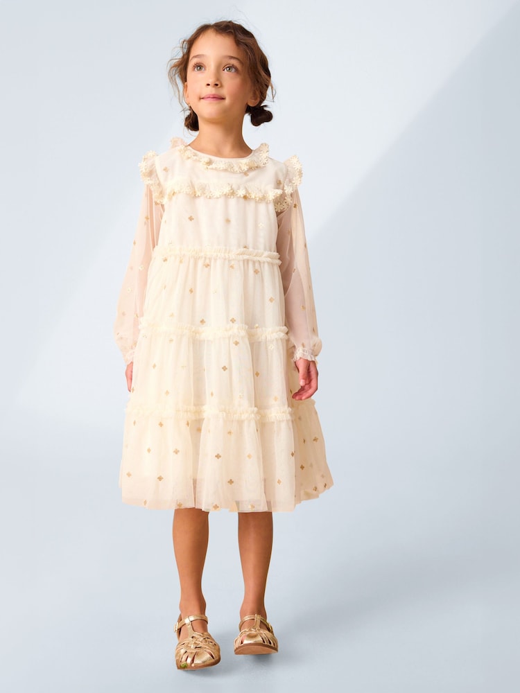 Laura Ashley Ecru Sequin Mesh Midi Dress - Image 1 of 8