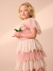 Laura Ashley Pink/Cream Vintage Tiered Mesh Dress - Image 3 of 8