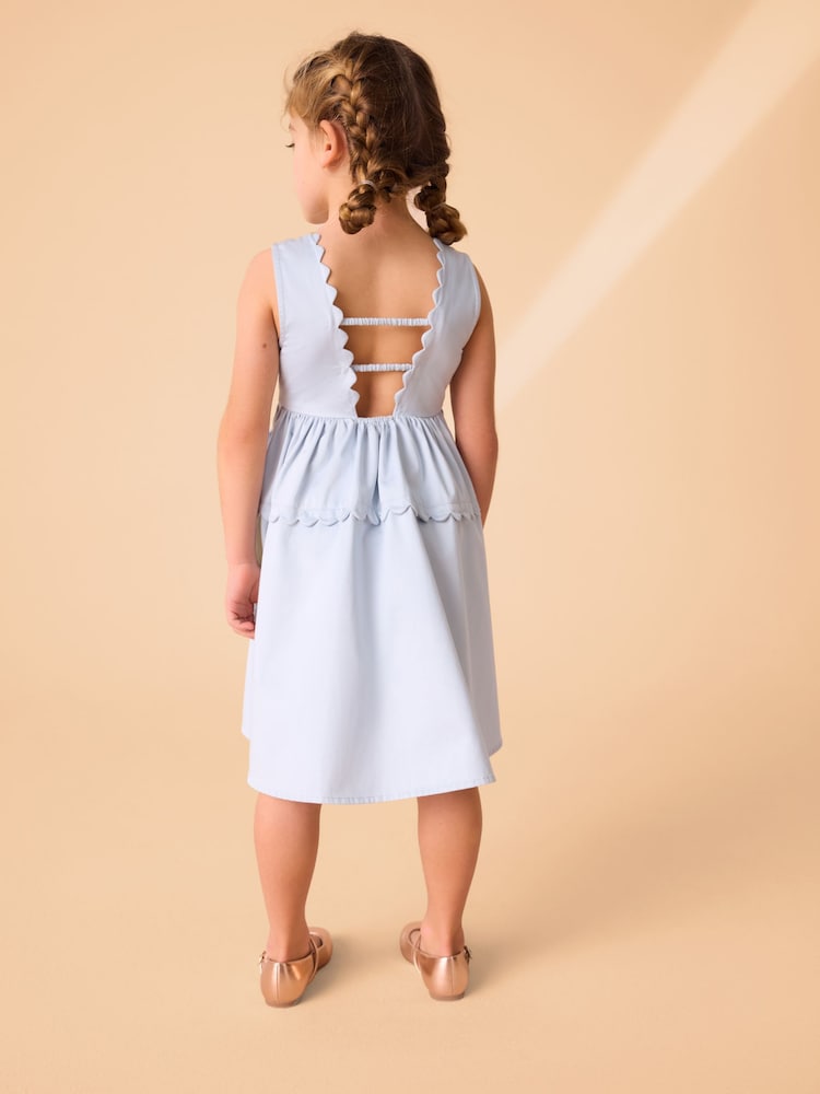 Laura Ashley Blue Scallop 100% Cotton Bow Dress - Image 5 of 7