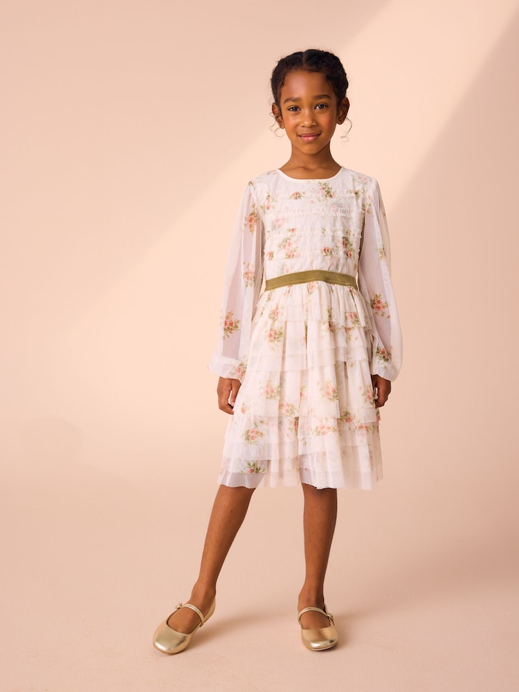 Laura Ashley Ecru Brindley Sprig Floral Print Mesh Tiered Dress - Image 1 of 5