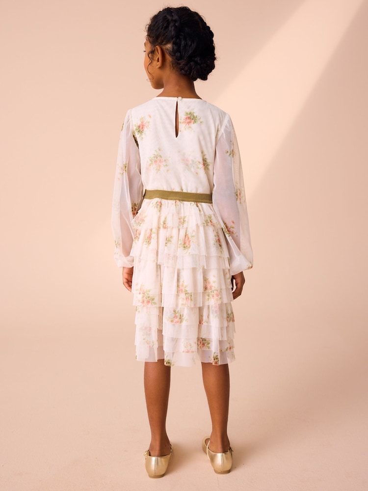 Laura Ashley Ecru Brindley Sprig Floral Print Mesh Tiered Dress - Image 2 of 5
