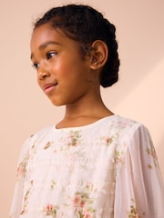 Laura Ashley Ecru Brindley Sprig Floral Print Mesh Tiered Dress - Image 4 of 5