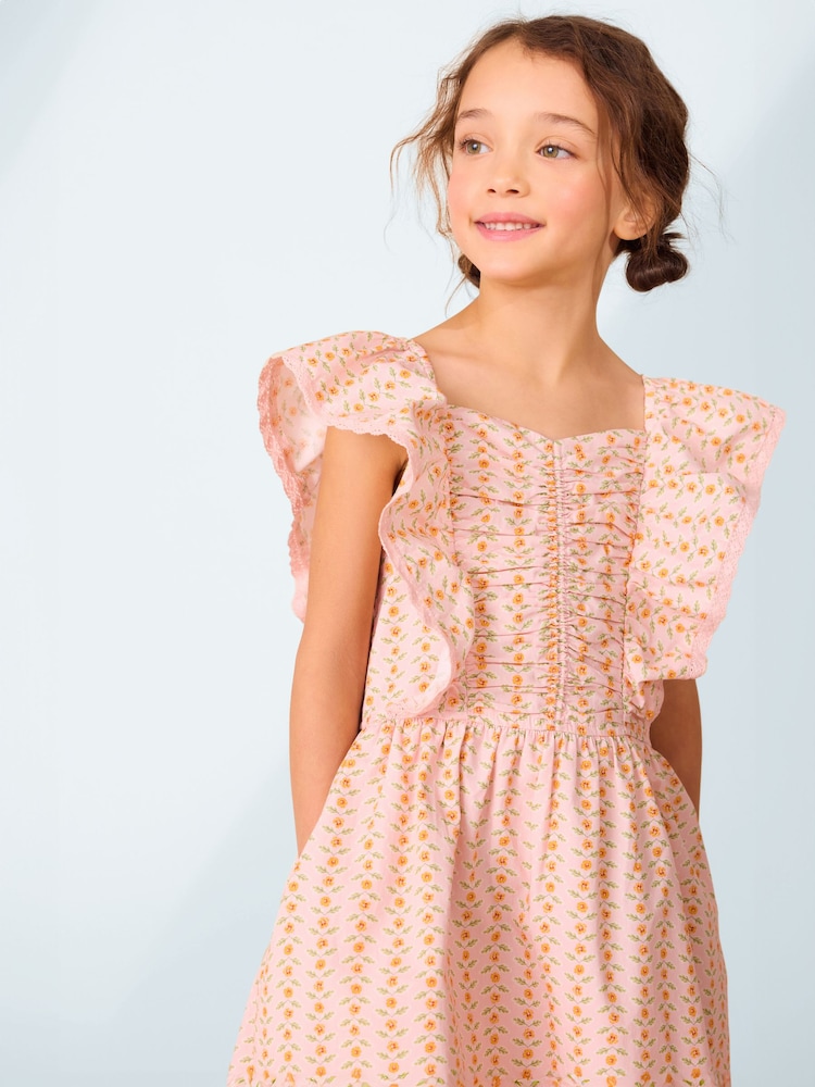 Laura Ashley Peach Pink Langford Leaves and Flowers Floral Cotton Ditsy Dress - Image 3 of 9