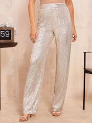 Friends Like These Beige Wide Leg All Over Sequin Tailored Trousers - Image 3 of 4