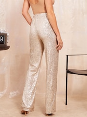 Friends Like These Beige Wide Leg All Over Sequin Tailored Trousers - Image 4 of 4
