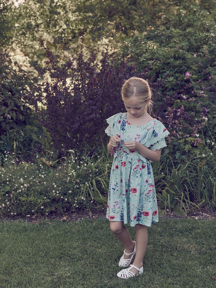 Laura Ashley Green/Blue Alford Meadows Broiderie Jersey 100% Cotton Dress - Image 1 of 12