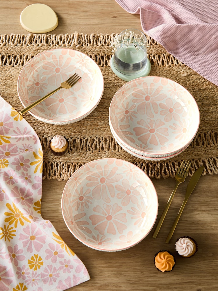 Set of 4 Pink Flower Pasta Bowls - Image 1 of 3