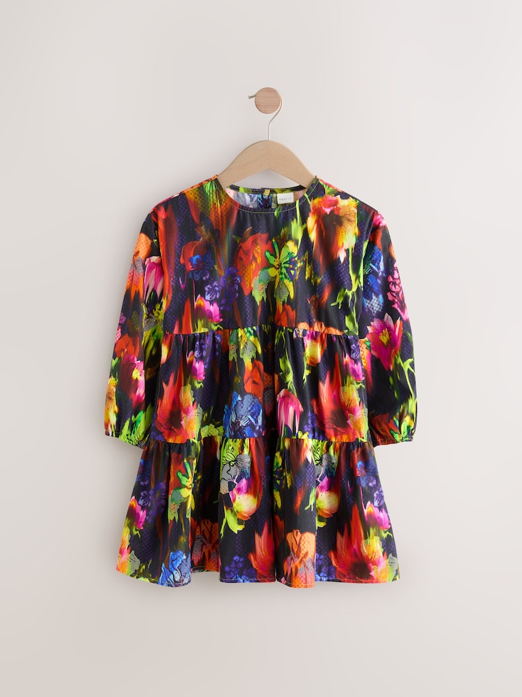 Bright All-Over Printed Tropical Short Sleeves Tiered Dress - Image 1 of 5
