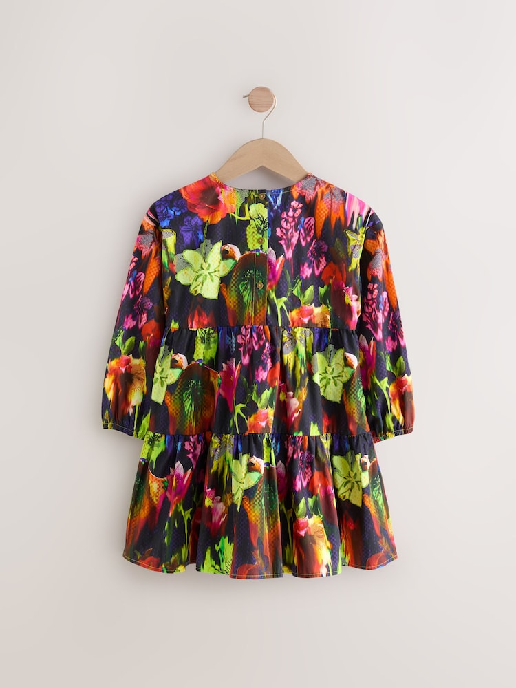 Bright All-Over Printed Tropical Short Sleeves Tiered Dress - Image 2 of 5