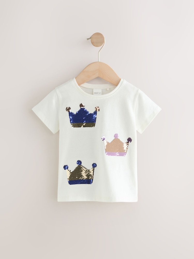 White 100% Cotton Sequin Crown Short Sleeve T-Shirt - Image 1 of 5