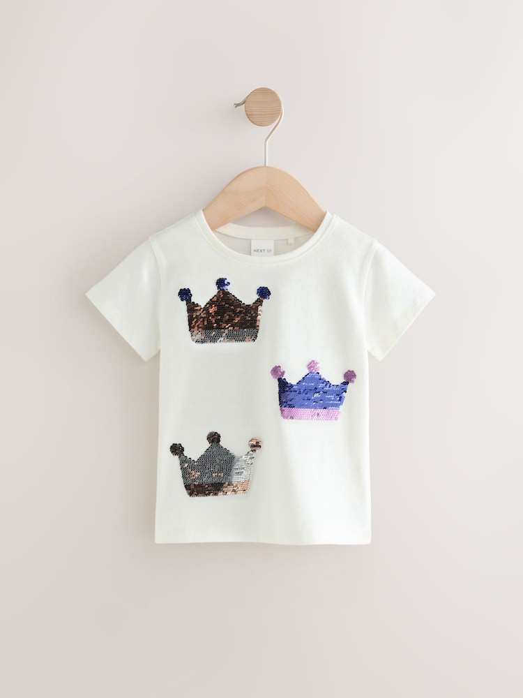 White 100% Cotton Sequin Crown Short Sleeve T-Shirt - Image 2 of 5