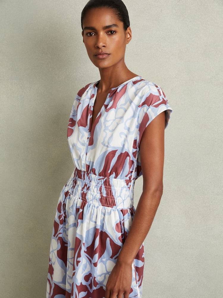 Reiss Blue Lena 100% Cotton Poplin Floral-Print Midi Dress - Image 1 of 6