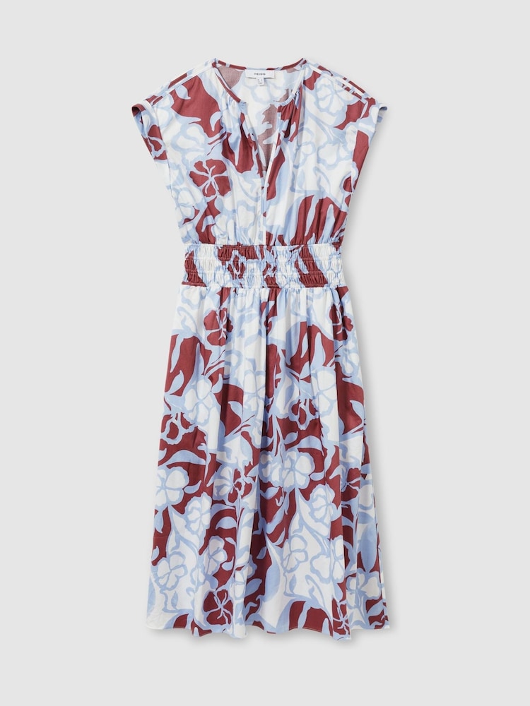 Reiss Blue Lena 100% Cotton Poplin Floral-Print Midi Dress - Image 2 of 6