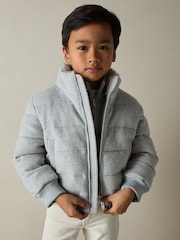 Reiss Soft Grey Melange Farid Herringbone Faux-Fur Collar Puffer Jacket - Image 1 of 4