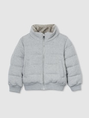 Reiss Soft Grey Melange Farid Herringbone Faux-Fur Collar Puffer Jacket - Image 2 of 4