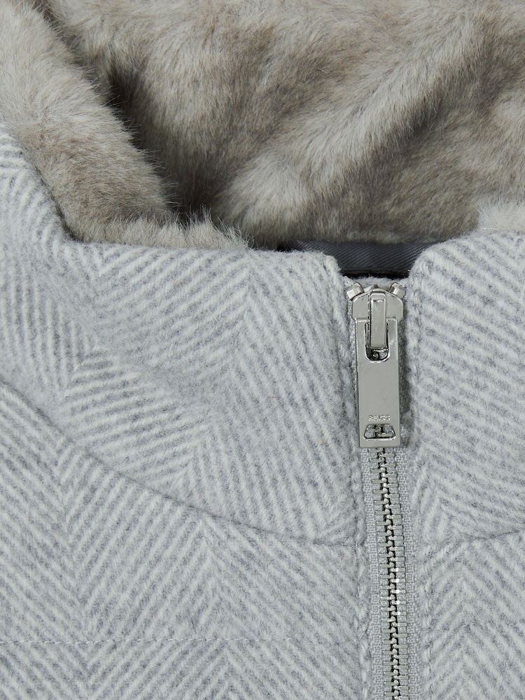 Reiss Soft Grey Melange Farid Herringbone Faux-Fur Collar Puffer Jacket - Image 4 of 4