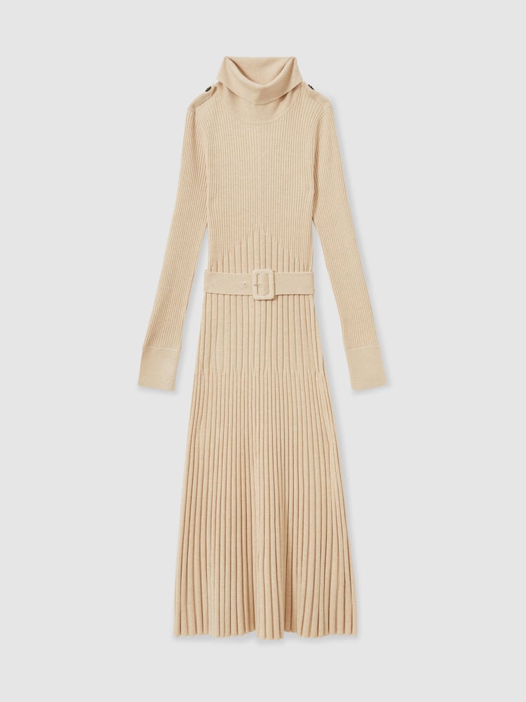 Reiss Neutral Vinette Ribbed Roll Neck Belted Midi Dress - Image 2 of 7