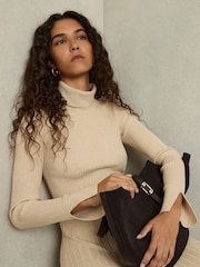 Reiss Neutral Vinette Ribbed Roll Neck Belted Midi Dress - Image 3 of 7