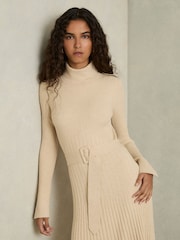 Reiss Neutral Vinette Ribbed Roll Neck Belted Midi Dress - Image 6 of 7