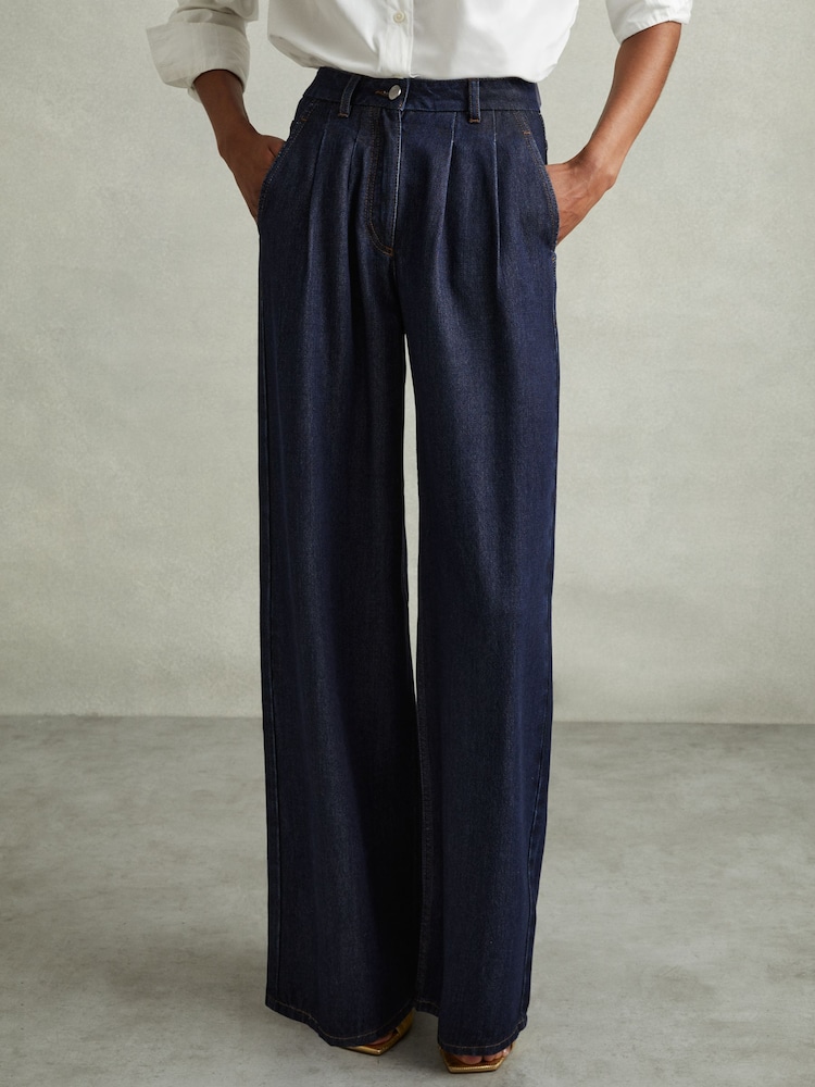 Reiss Indigo Raymond Double Pleat Wide Leg Jeans - Image 1 of 6
