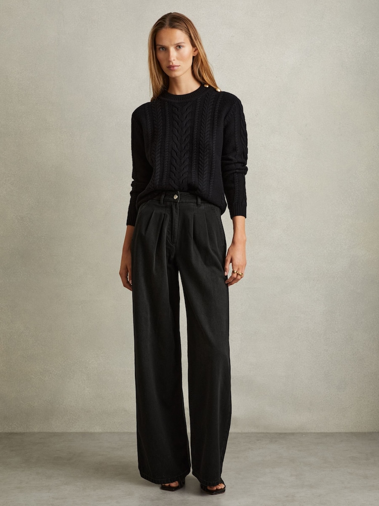 Reiss Black Raymond Double Pleat Wide Leg Jeans - Image 1 of 6