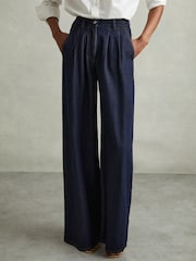 Reiss Indigo Raymond Petite Double Pleat Wide Leg Jeans - Image 3 of 7