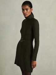 Reiss Khaki Vinnie Roll-Neck Ribbed Mini Dress - Image 1 of 6