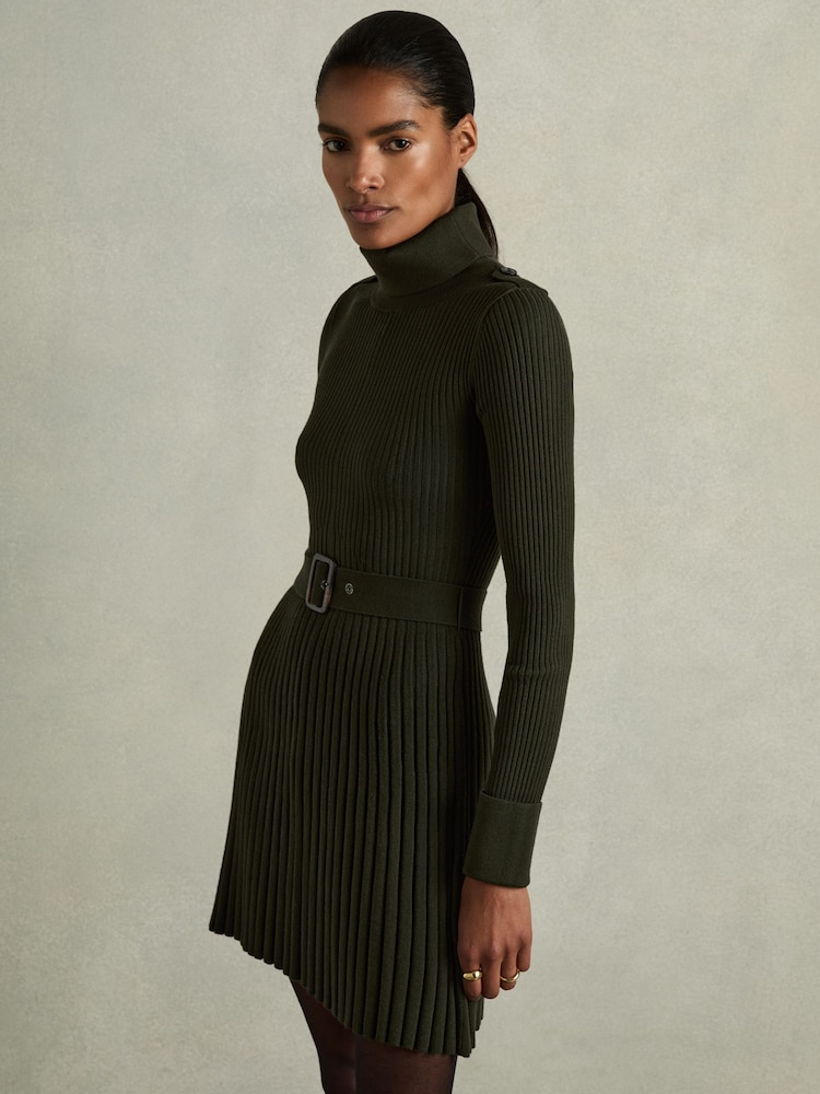 Reiss Khaki Vinnie Roll-Neck Ribbed Mini Dress - Image 1 of 6