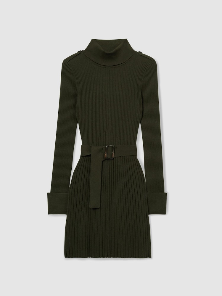 Reiss Khaki Vinnie Roll-Neck Ribbed Mini Dress - Image 2 of 6