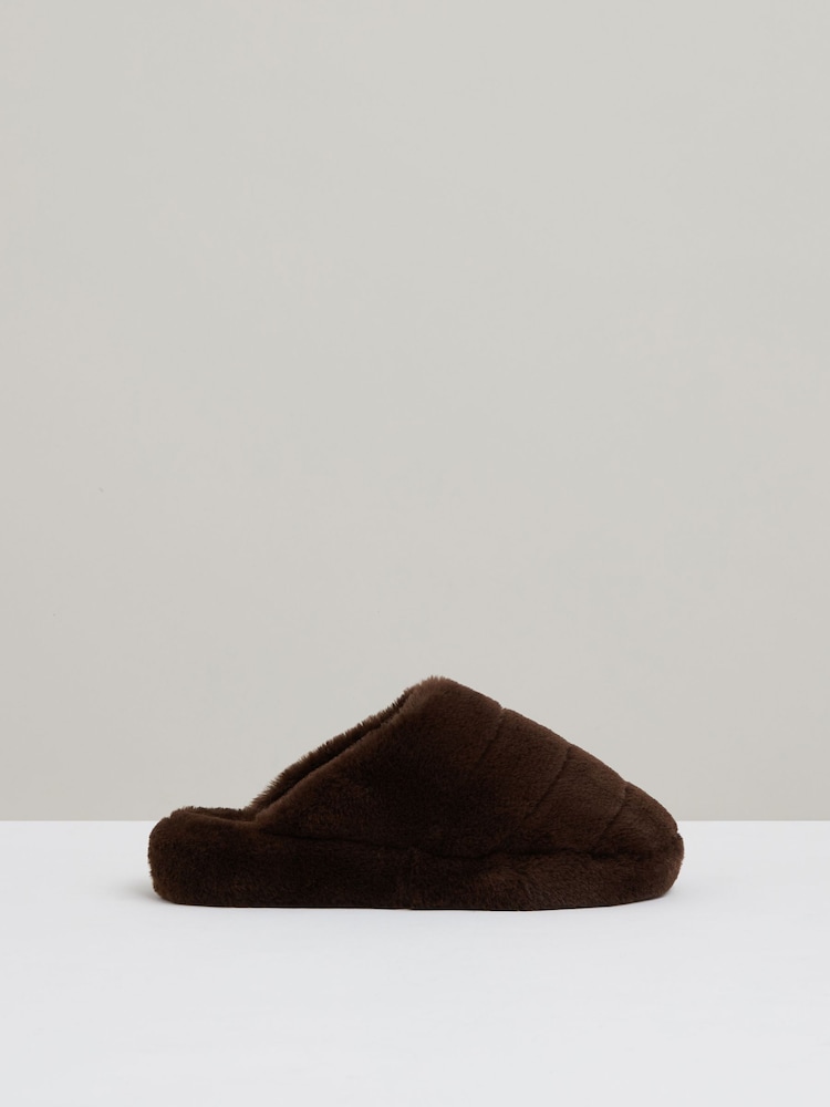 Reiss Chocolate Andrea Faux Fur Slippers - Image 1 of 5