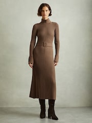 Reiss Mocha Vinette Ribbed Roll Neck Belted Midi Dress - Image 1 of 6