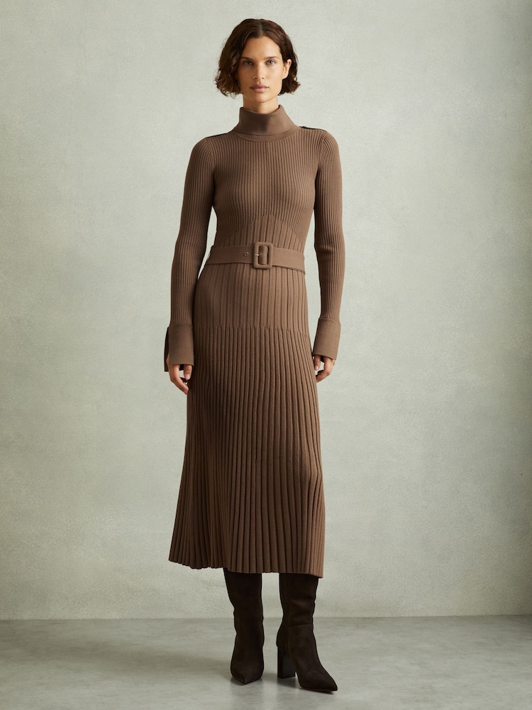 Reiss Mocha Vinette Ribbed Roll Neck Belted Midi Dress - Image 1 of 6
