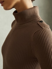 Reiss Mocha Vinette Ribbed Roll Neck Belted Midi Dress - Image 3 of 6