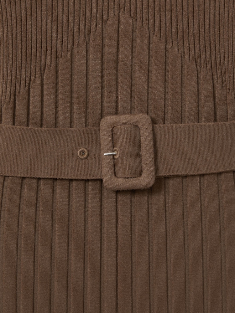 Reiss Mocha Vinette Ribbed Roll Neck Belted Midi Dress - Image 6 of 6