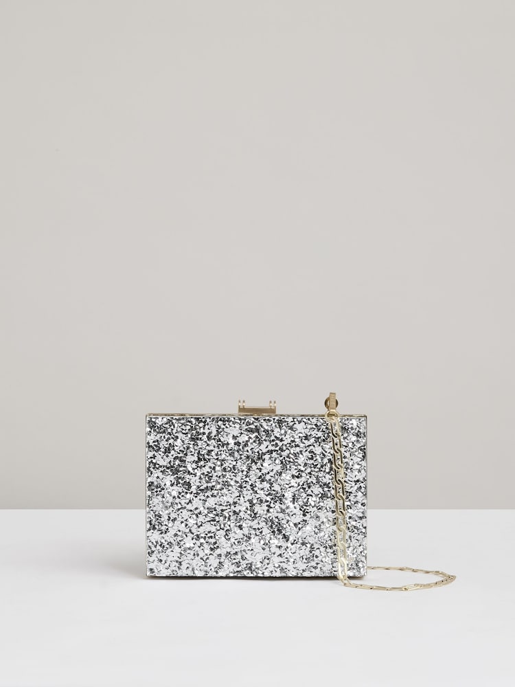 Reiss Silver Greta Glitter Box Clutch Bag - Image 1 of 5 Reiss Silver Greta Glitter Box Clutch Bag - Image 1 of 5