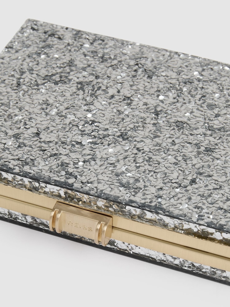 Reiss Silver Greta Glitter Box Clutch Bag - Image 3 of 5