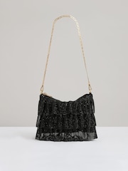 Reiss Black Rara Tiered Crystal Embellished Shoulder Bag - Image 1 of 5