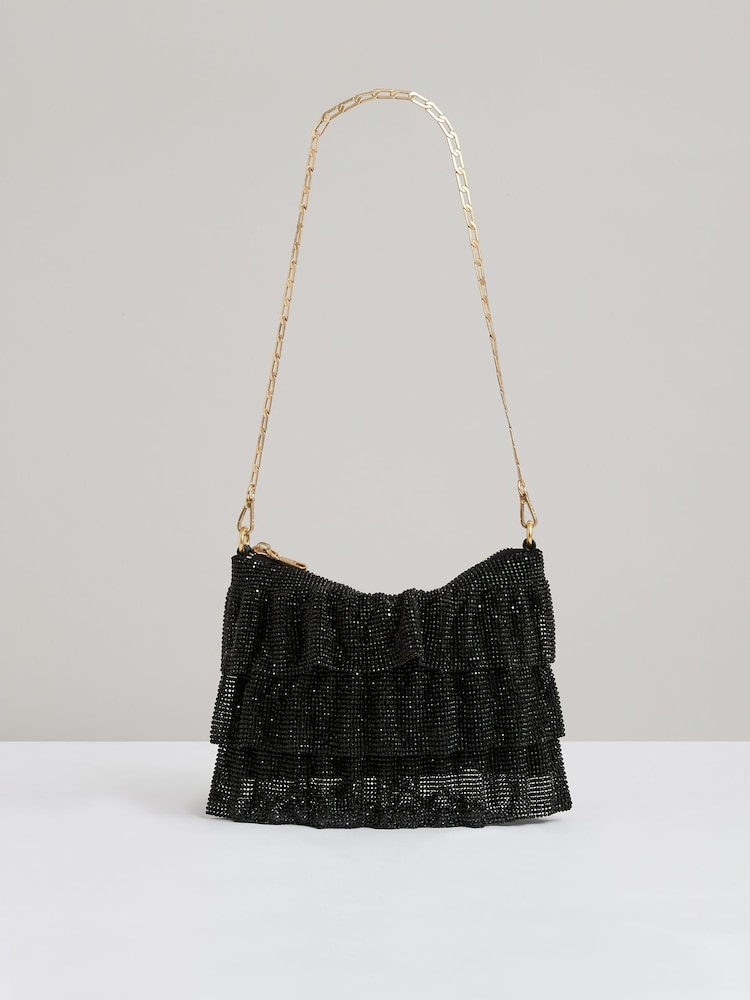 Reiss Black Rara Tiered Crystal Embellished Shoulder Bag - Image 1 of 5