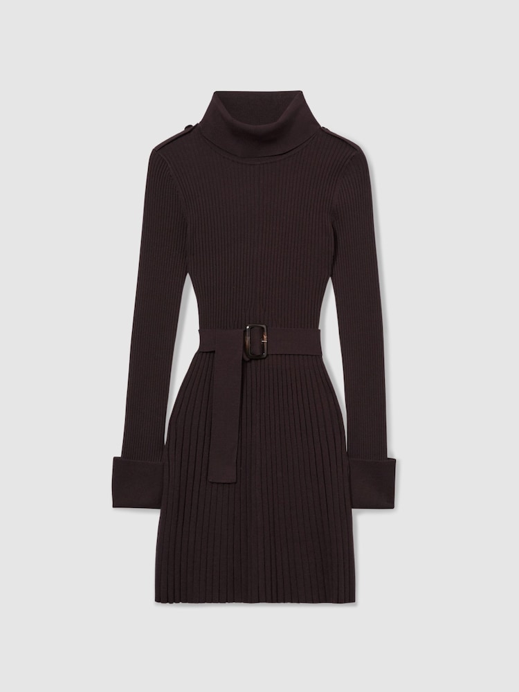 Reiss Brown Vinnie Roll-Neck Ribbed Mini Dress - Image 2 of 7