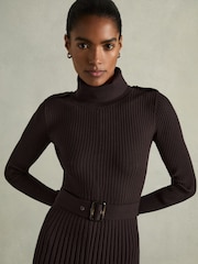 Reiss Brown Vinnie Roll-Neck Ribbed Mini Dress - Image 4 of 7