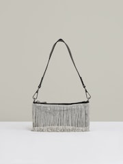 Reiss Silver Francesca Satin Crystal Fringe Mini Shoulder Bag - Image 1 of 4