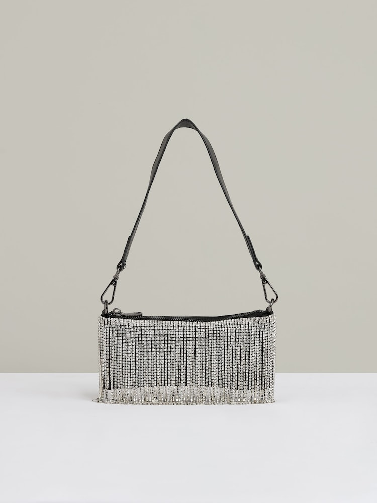 Reiss Silver Francesca Satin Crystal Fringe Mini Shoulder Bag - Image 1 of 4